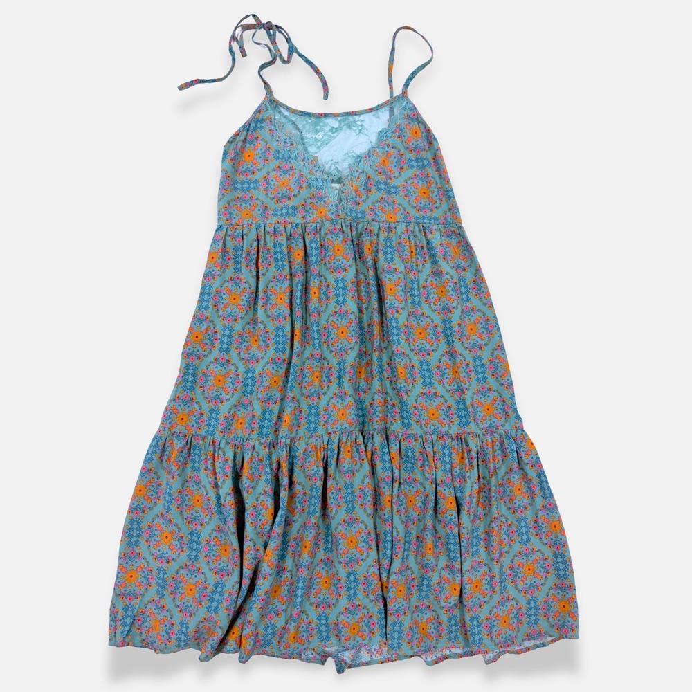 Natural Life Boho Floral Tiered Mini Dress Teal Orange Lace Trim XL Festival